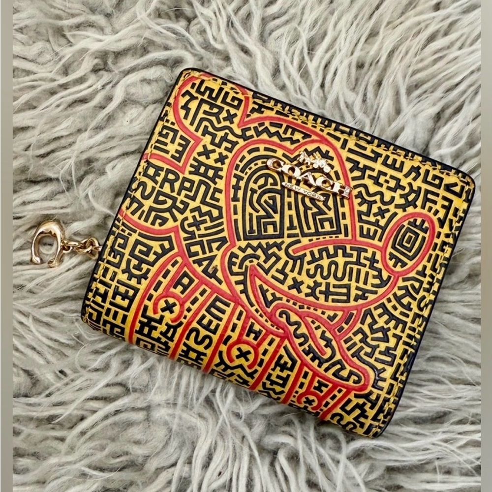 Coach Red and Yellow Patterned Keychain and Card Holder Set